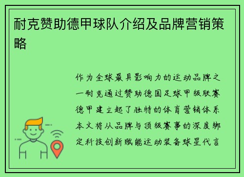 耐克赞助德甲球队介绍及品牌营销策略