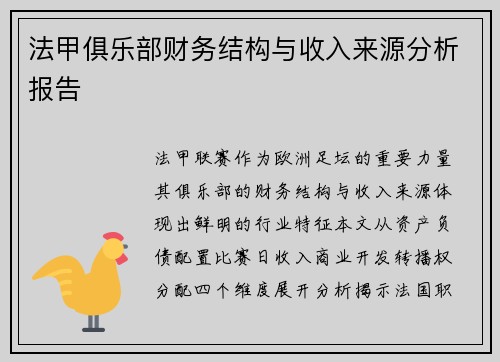 法甲俱乐部财务结构与收入来源分析报告