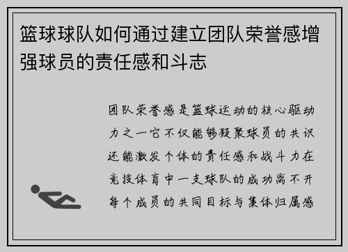篮球球队如何通过建立团队荣誉感增强球员的责任感和斗志
